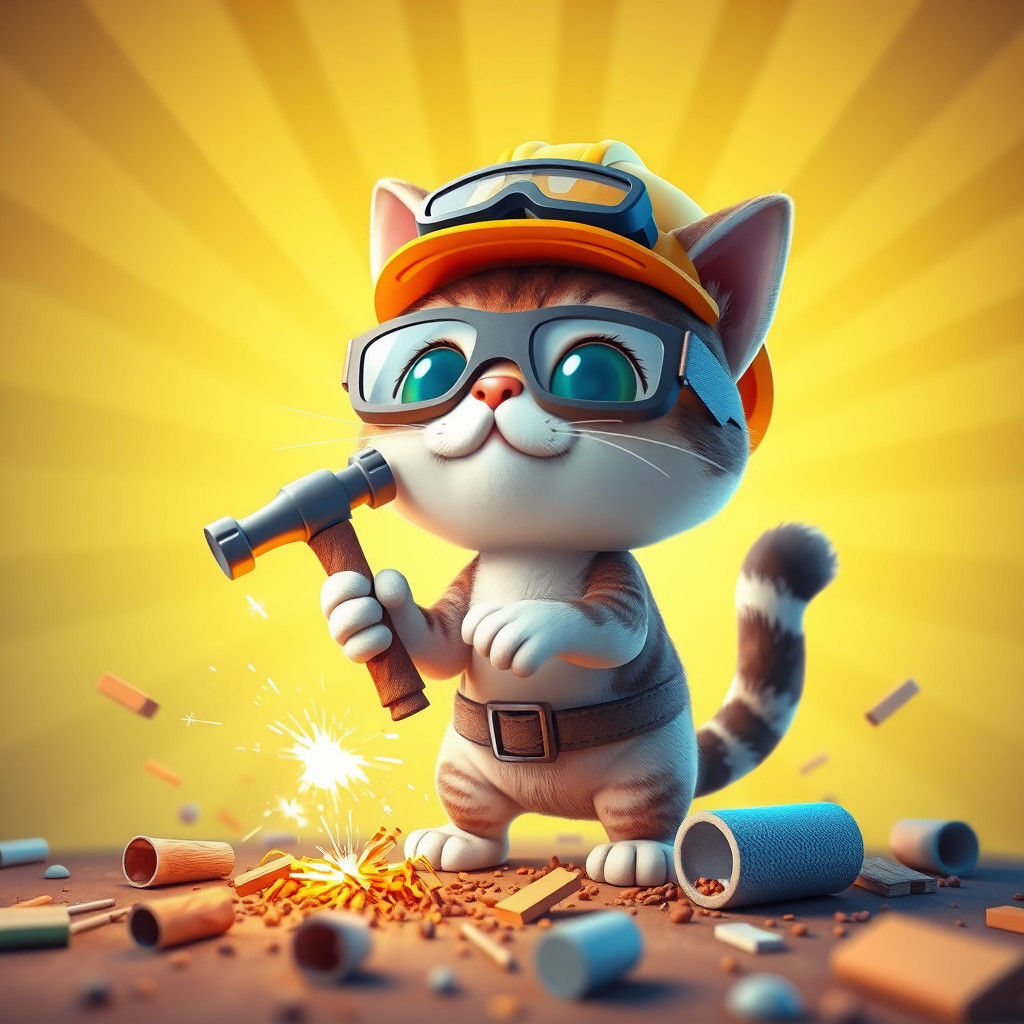 Chibi Cat Construction Worker in Pixar Style
