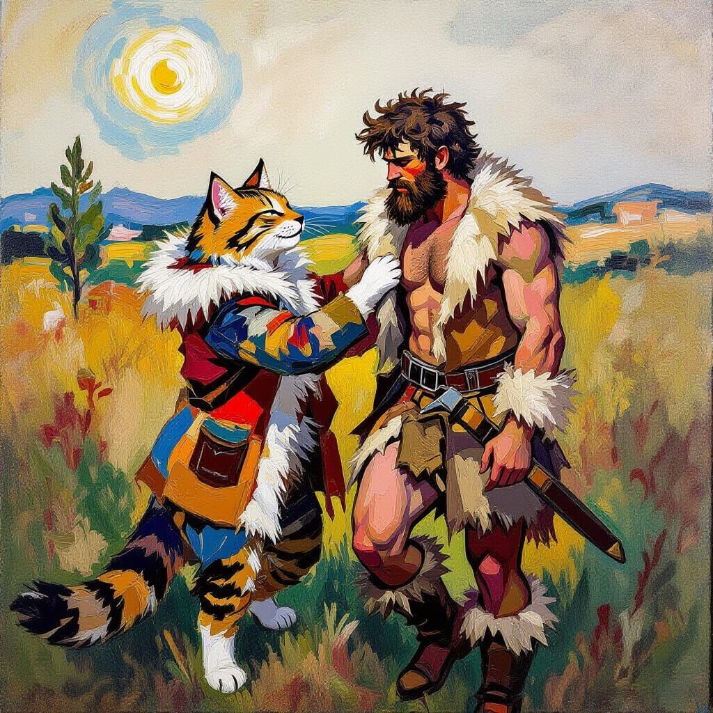 Prehistoric Hunter and Sabertooth Cat in Neo-Impressionism S...