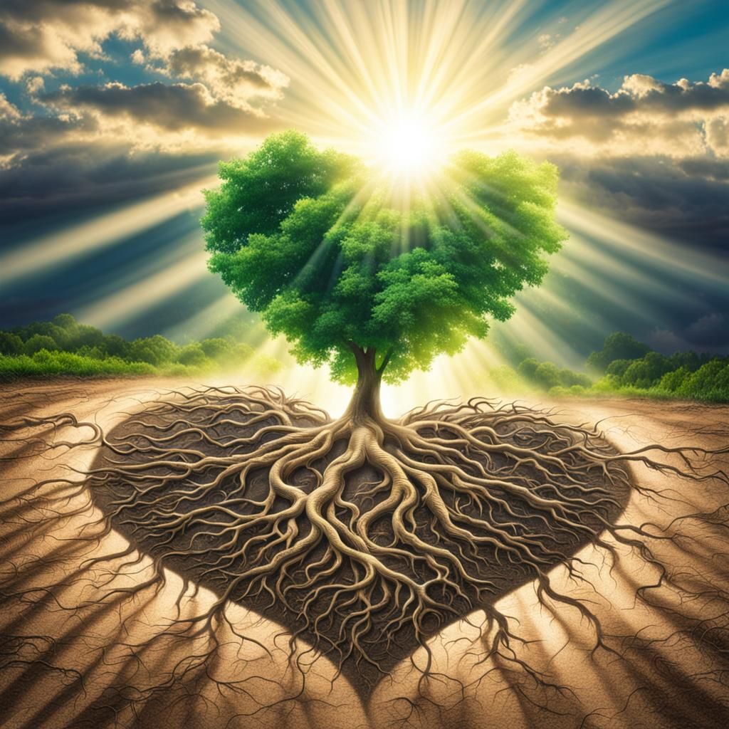 Heart-Shaped Sun with Tree Roots in Divine Light