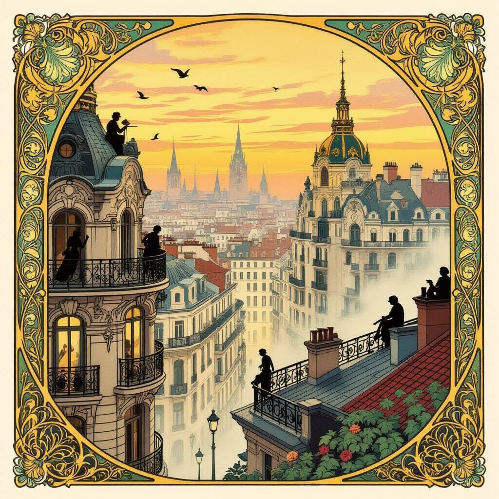 Art Nouveau Cityscape at Dawn with Artists and Poets