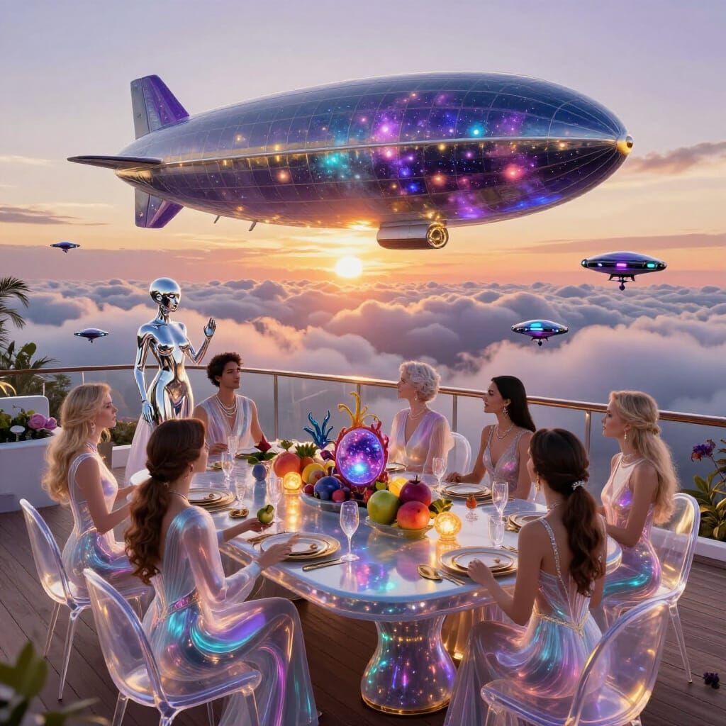 Luxury Airship Sunset Banquet Above Clouds