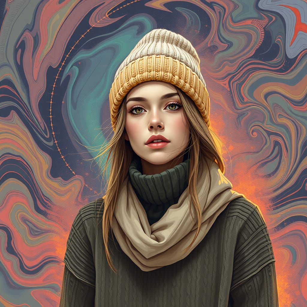 Captivating Portrait with Swirling Patterns in Digital Paint...
