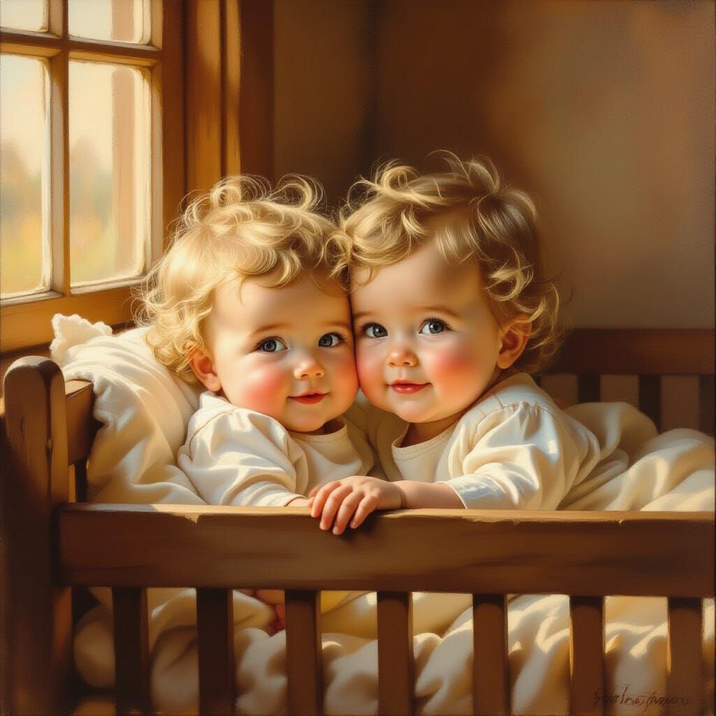 Oil Painting of Adorable Twin Babies in Rustic Crib