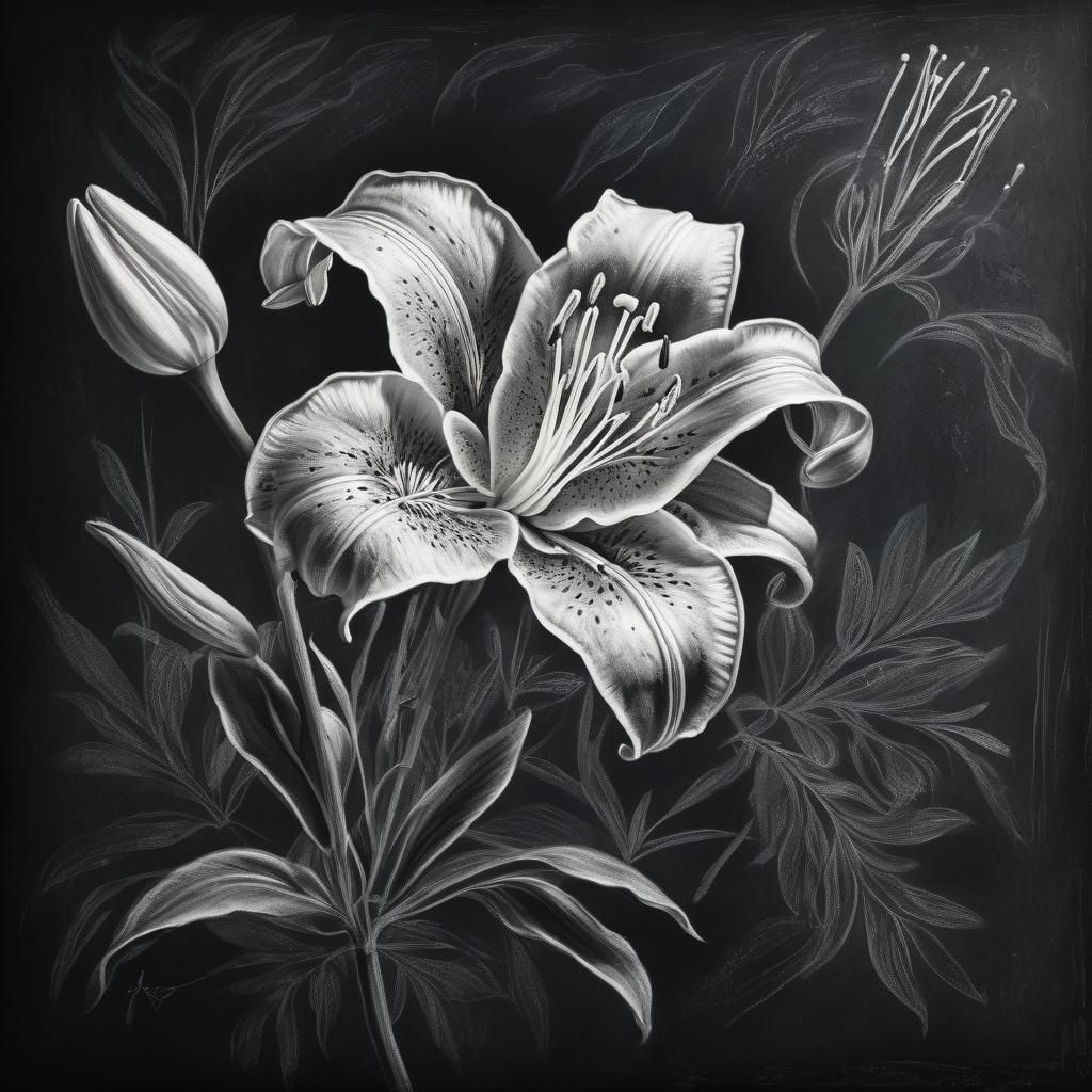 Intricate Chalk Drawing of a Lily Flower