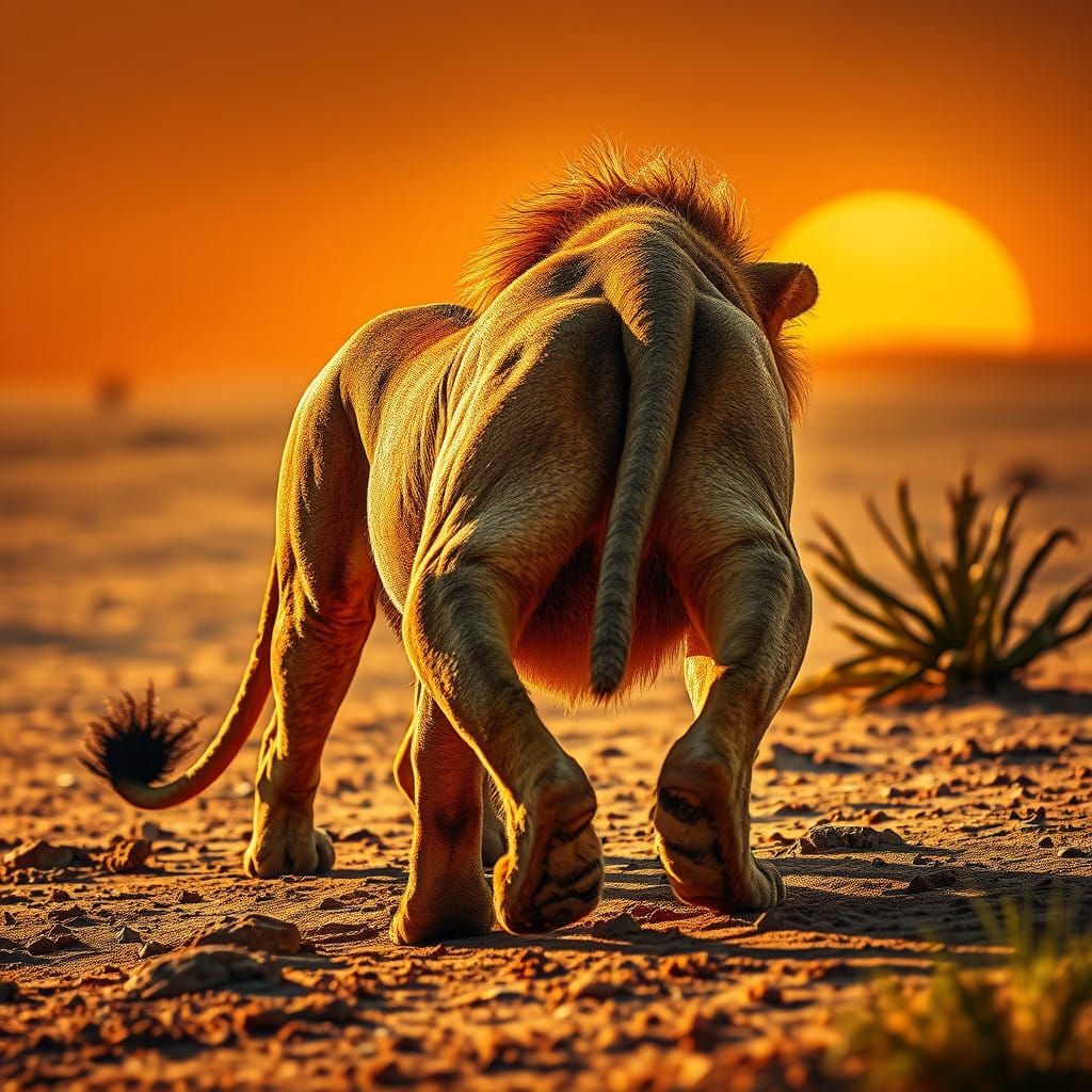 Majestic Lion in Hyper-Realistic Desert Landscape