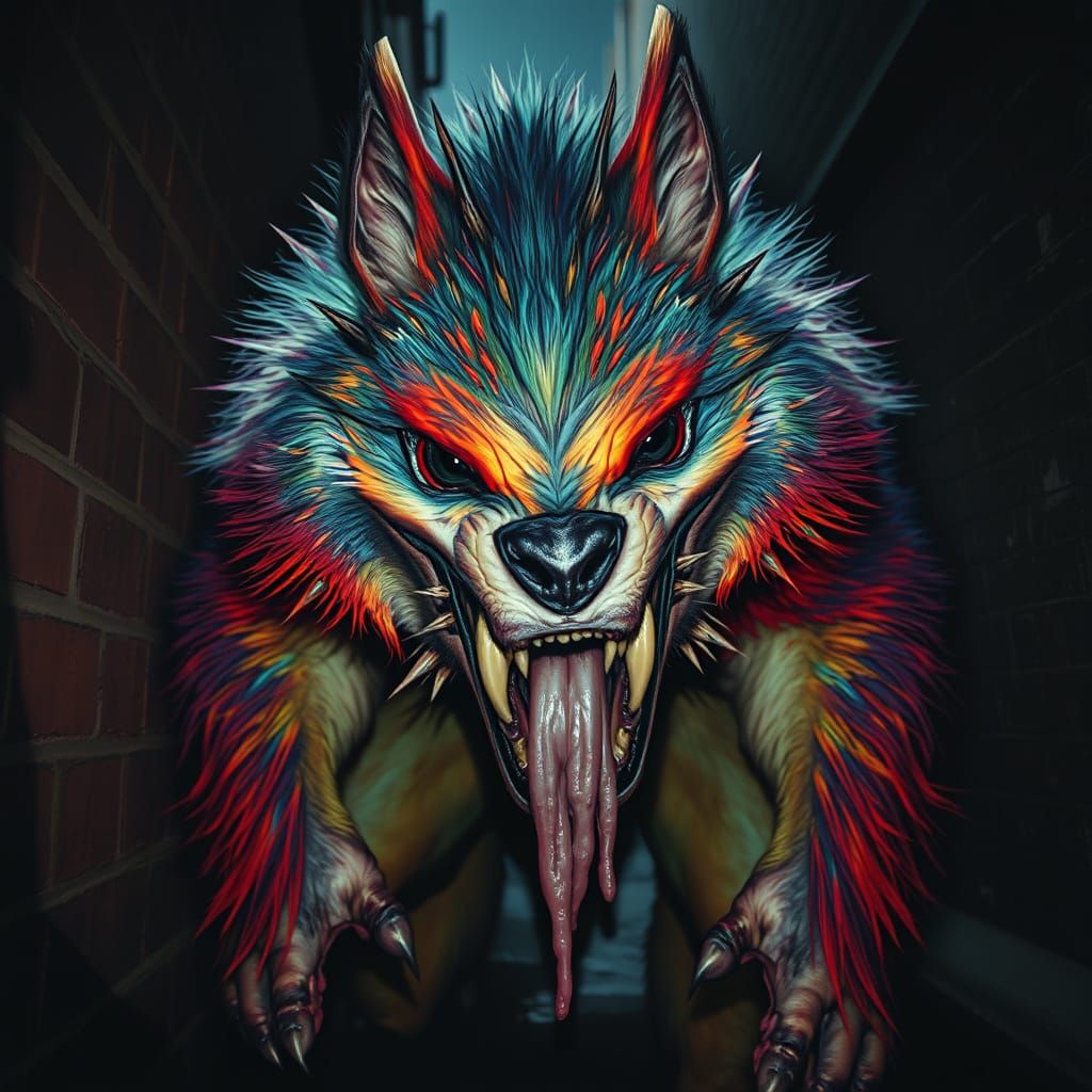 Menacing, Rainbow-Furred Beast Emerges from Dark Alley