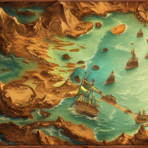 Detailed Fantasy Pirate Map in Deep Color