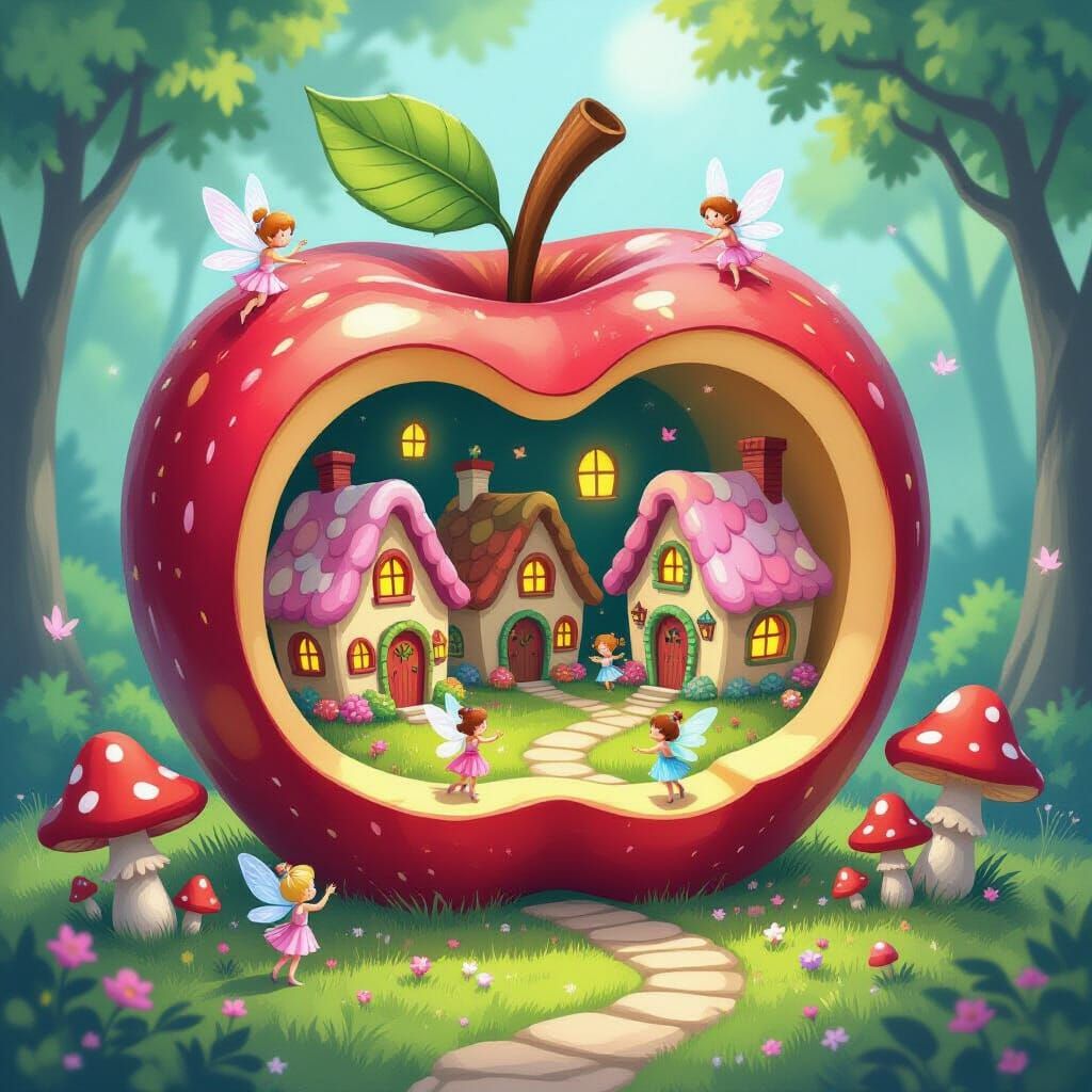 Whimsical Fairy Village Inside a Giant Apple