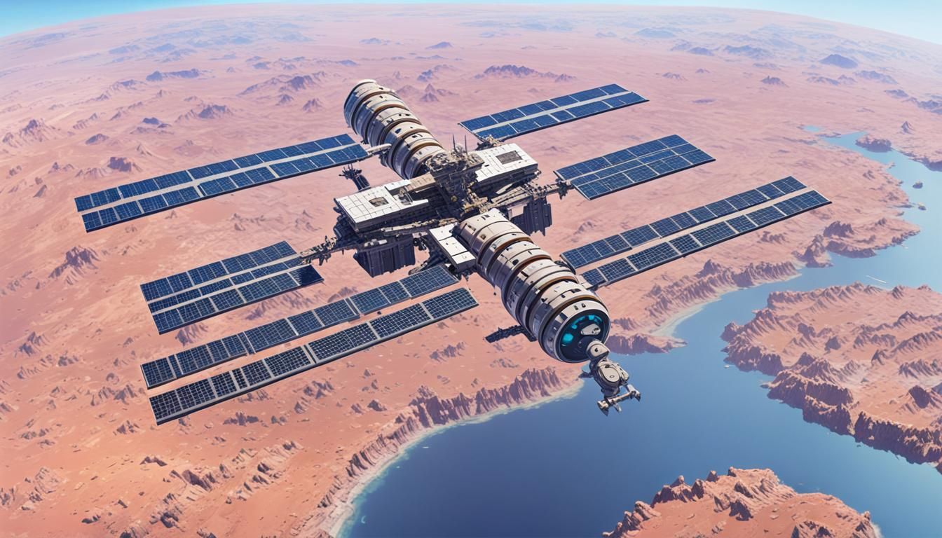 Futuristic Space Station Orbiting Ruined Earth: Digital Art