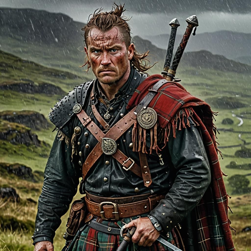 Highland Warrior Portrait on Stormy Hilltop