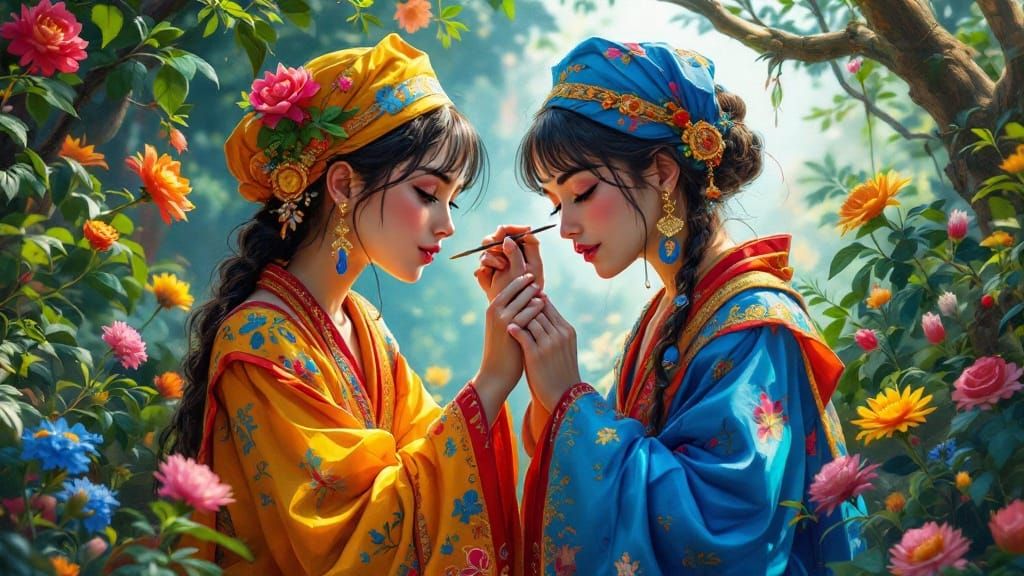 Girls Painting Faces in Ornate Robes: Fantasy Concept Art
