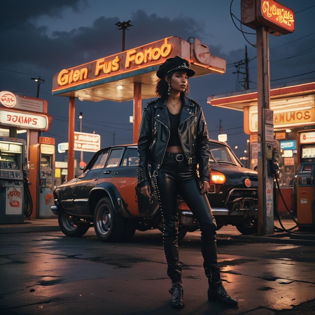Woman in Leather at Gas Station in Cyberpunk Style
