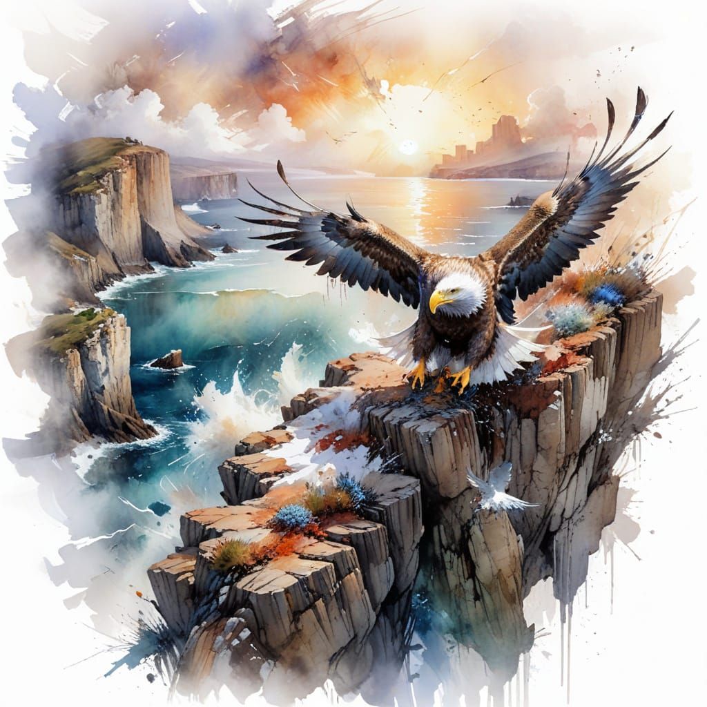 Majestic Eagle Over Oceanscape Cliff in Watercolour Style