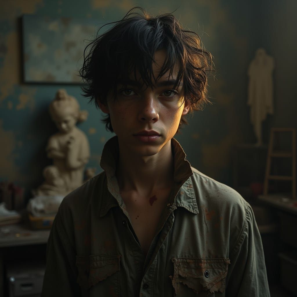 Moody Portrait in Art Studio in Photorealistic Style