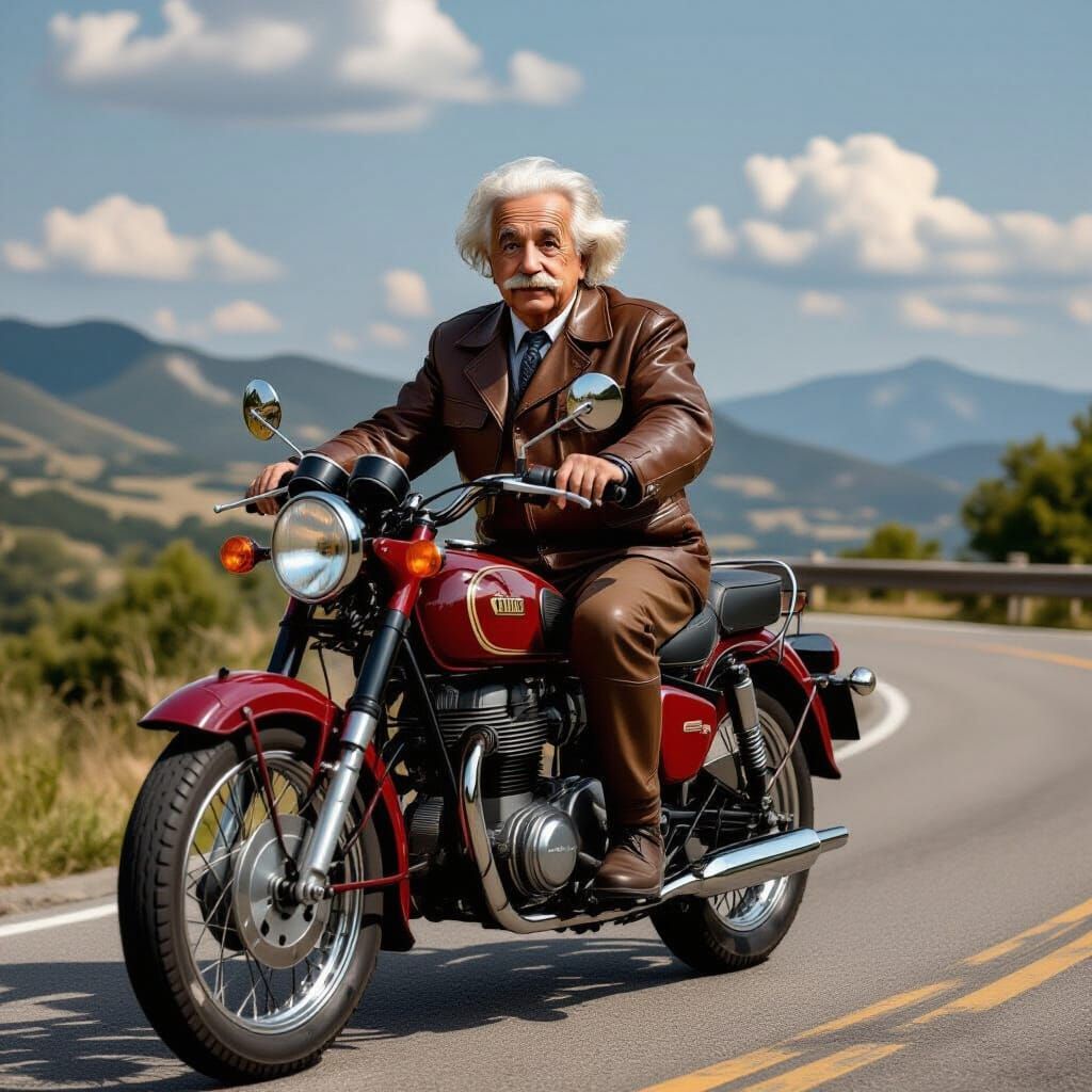 Einstein Rides Motorcycle in Renaissance Style
