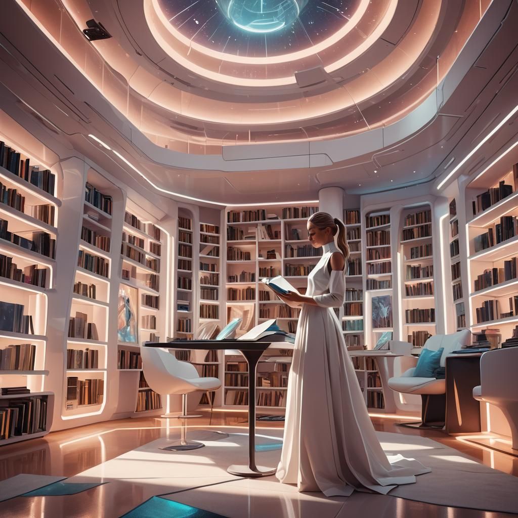 Woman Reads Holographic Book in Futuristic Library