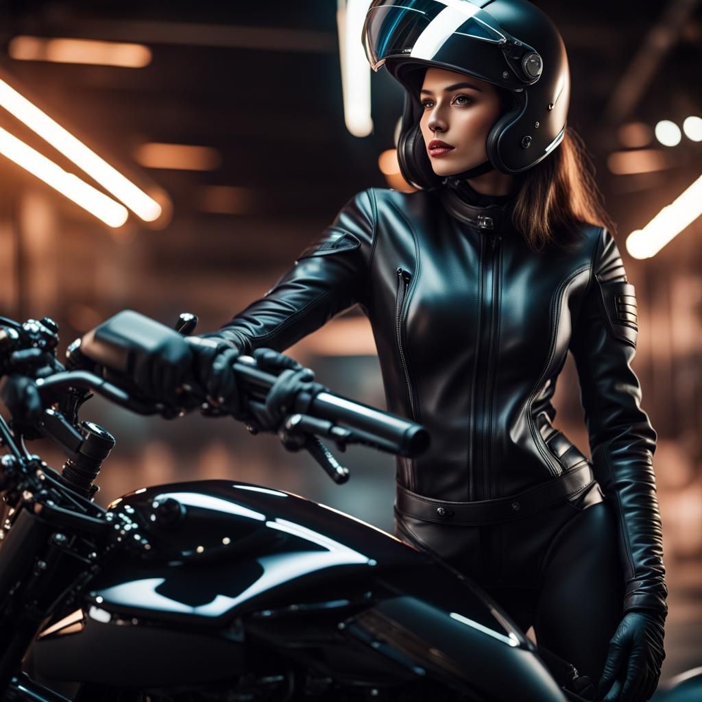 Woman in Motorsuit with Black Motorbike