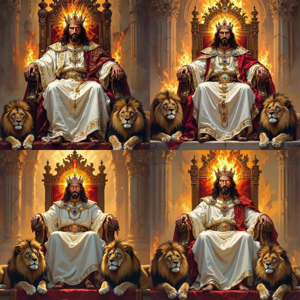 Jesus on Jeweled Throne with Lions, Oil Painting