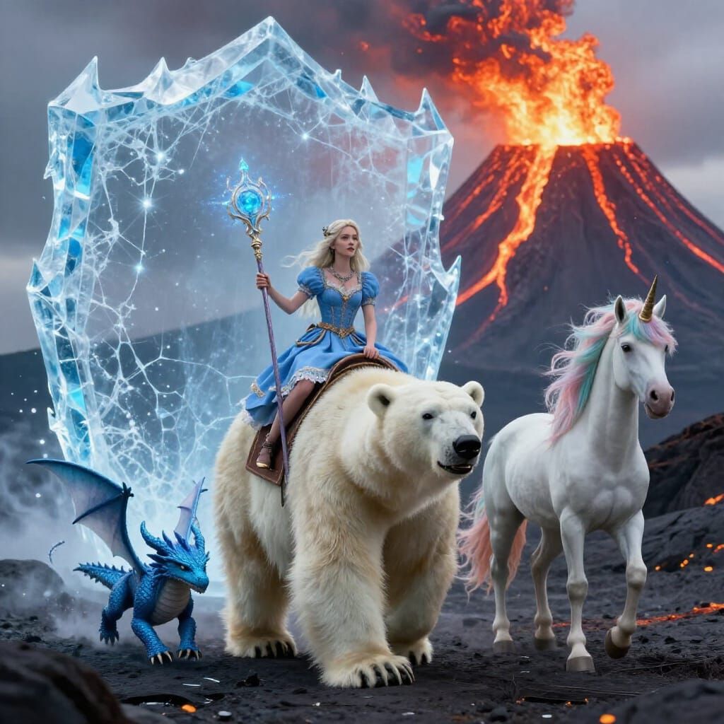 Sorceress Rides Polar Bear with Dragon and Unicorn