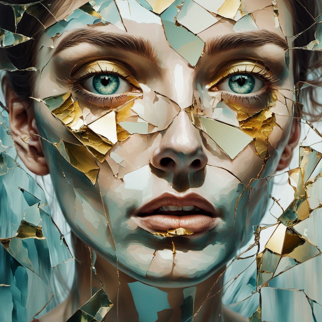 Surreal Oil Painting of a Woman's Face with Shattered Mirror...