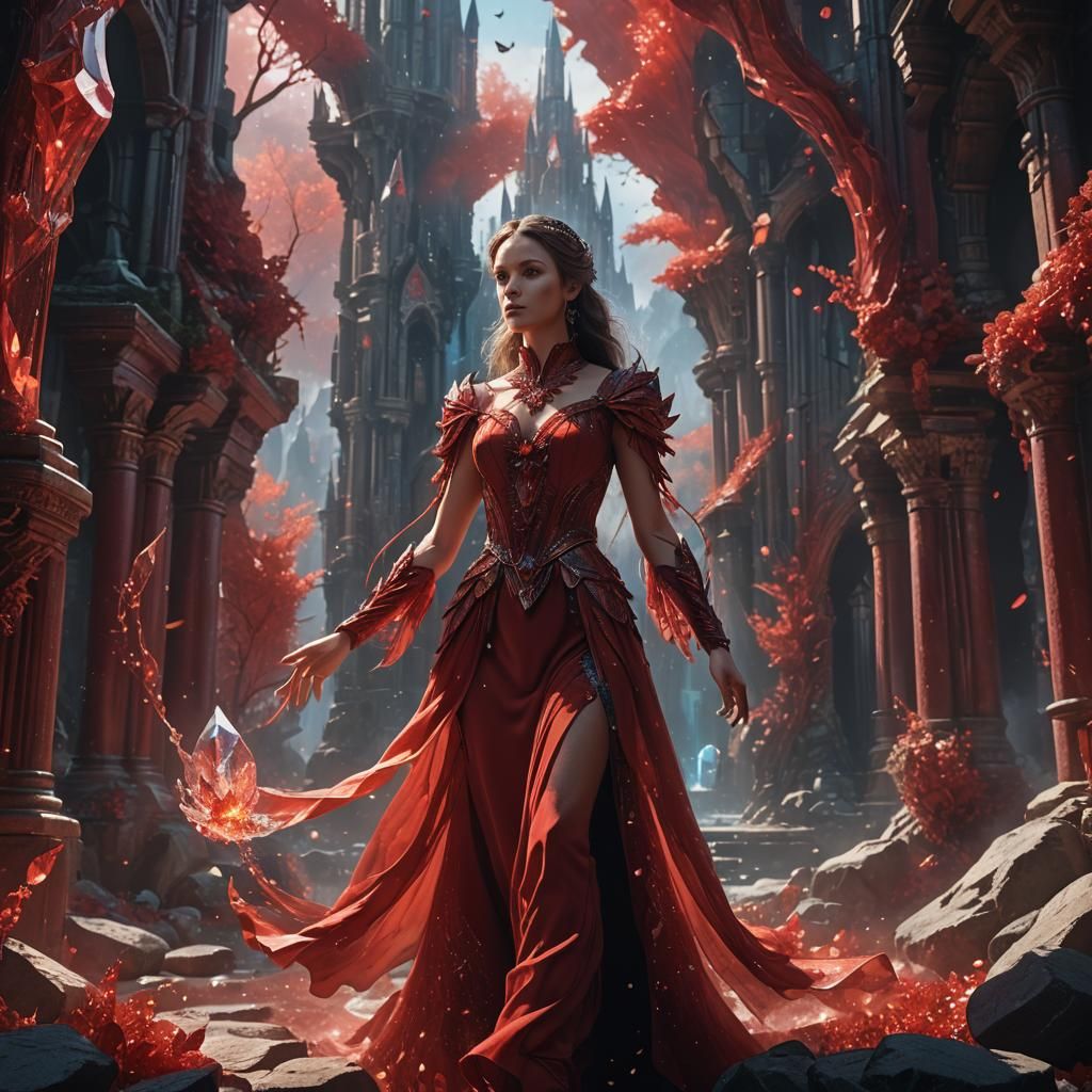 Crystal Woman in Red Dress: Fantasy Art