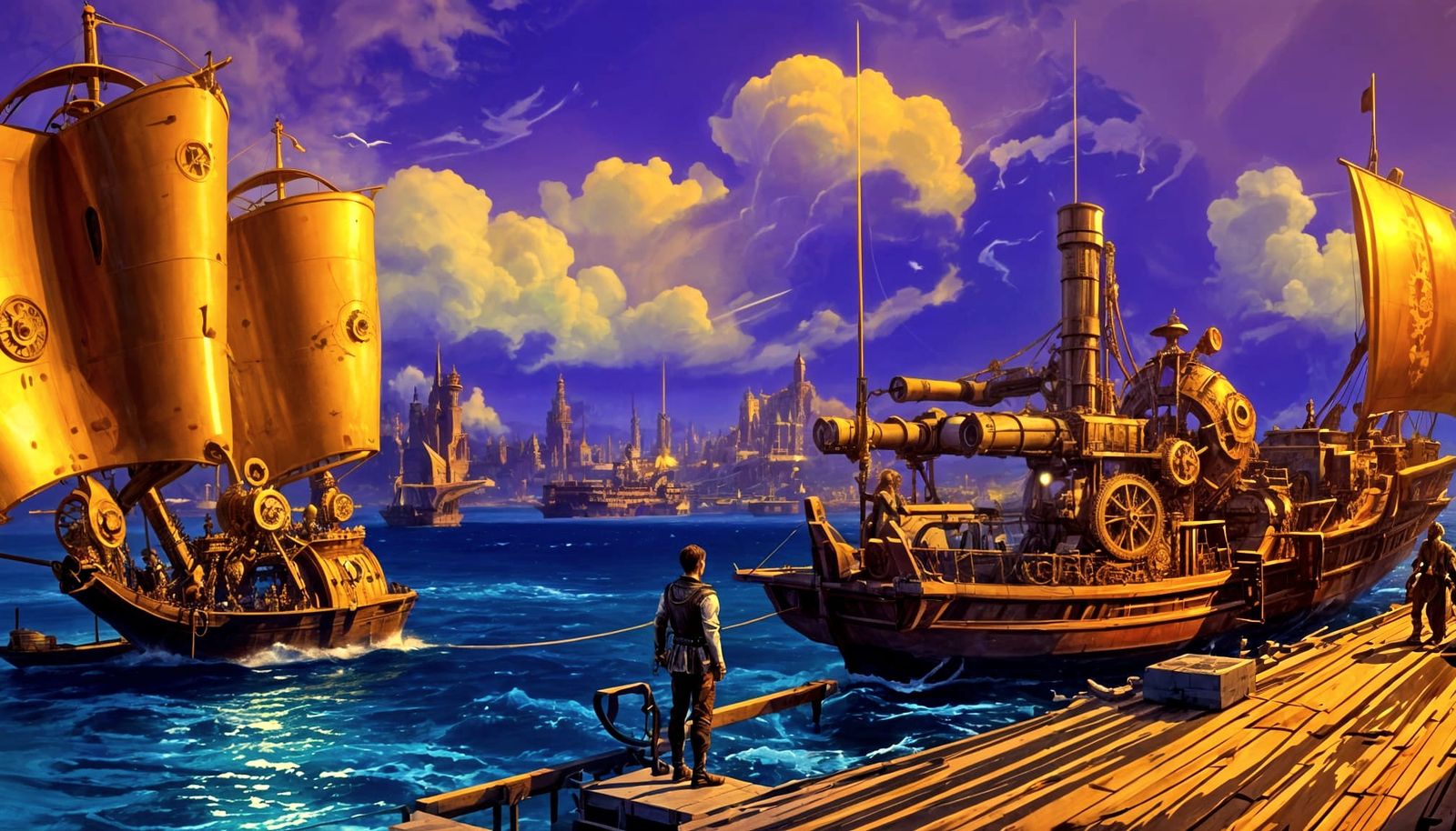 Steampunk City Harbor with Clockwork Boats