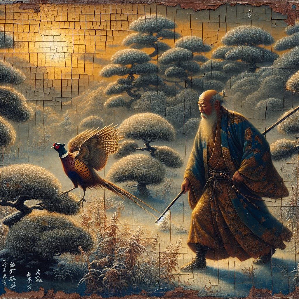 Japanese Hunter Stalking Pheasant: Oil Painting