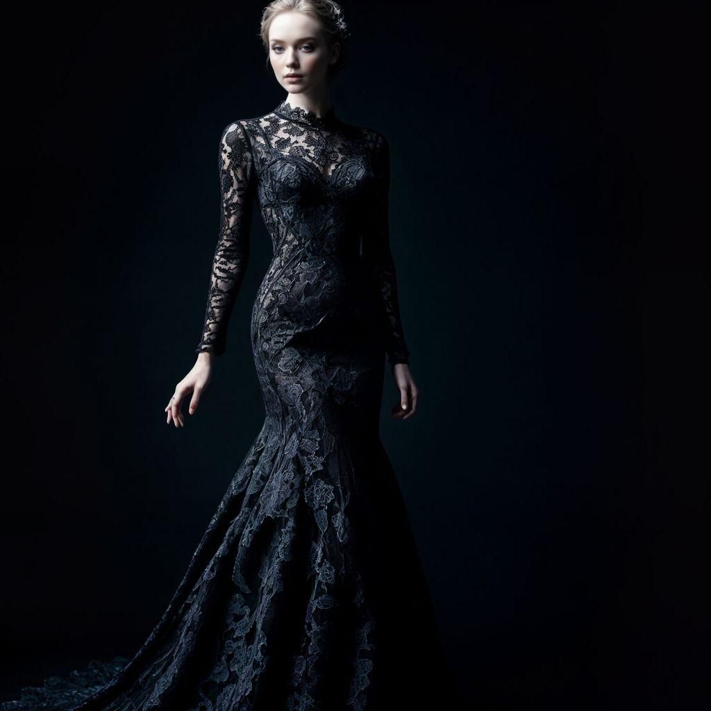 Porcelain Beauty in Black Lace Gown