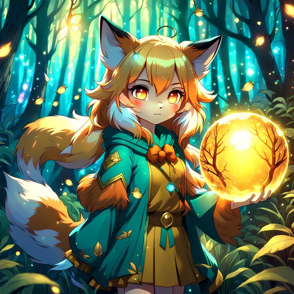 Anime Fox-Girl with Glowing Orb in Magical Forest