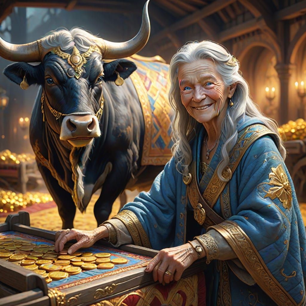 Elderly Woman with Ox and Cart of Gold