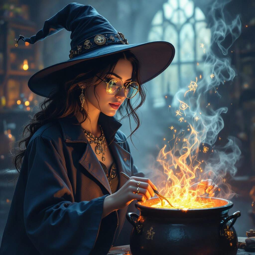 Witch in Lab Coat Stirring Cauldron With Glasses