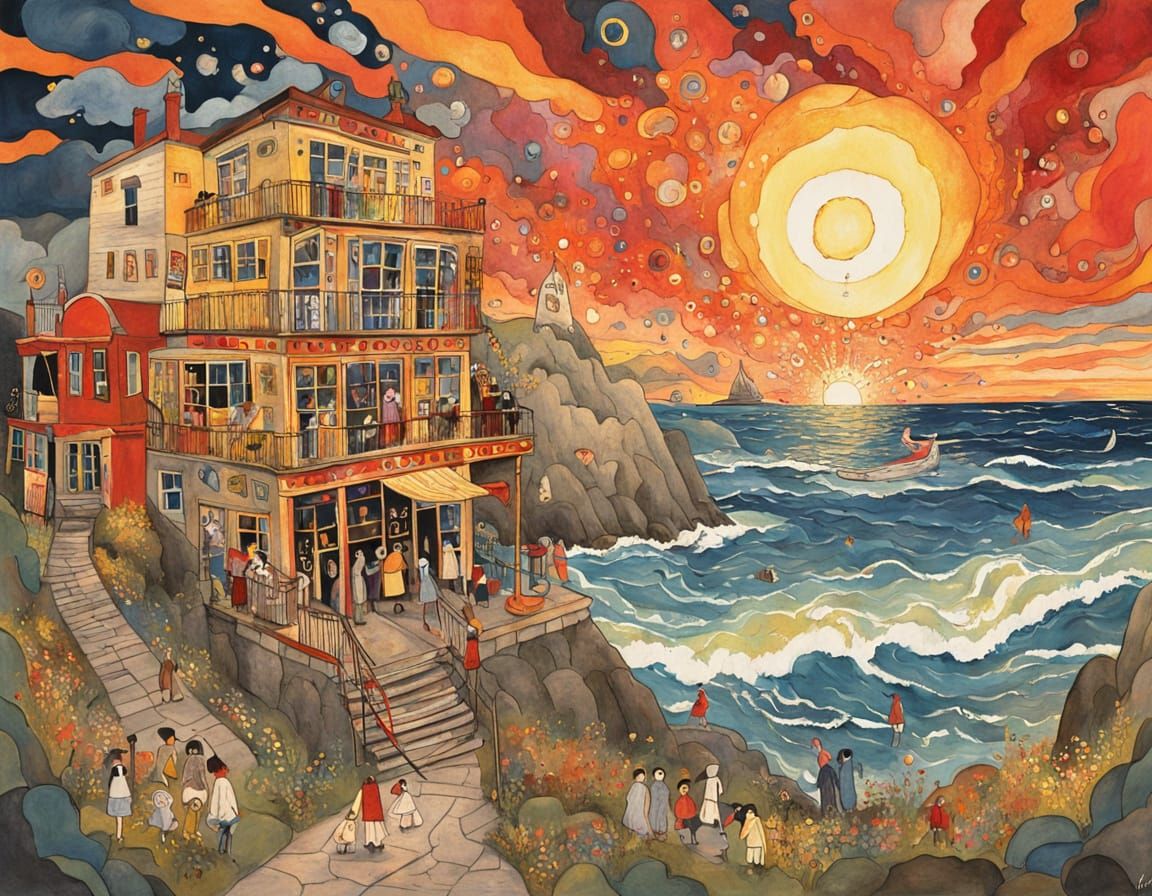 Vibrant Coastal Town Sunset with Geometric Abstract Elements