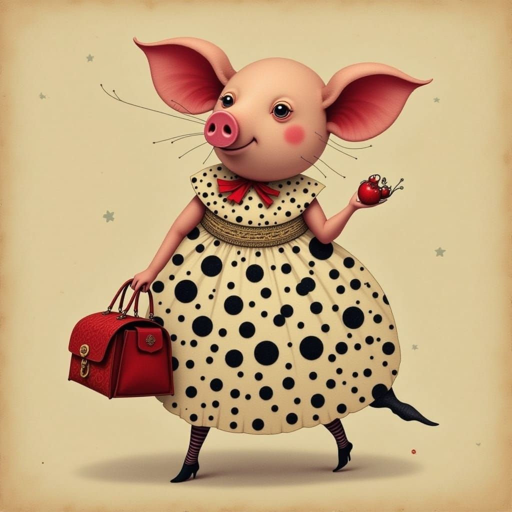 Sophisticated Pig in Polka Dots Shops with Designer Purse