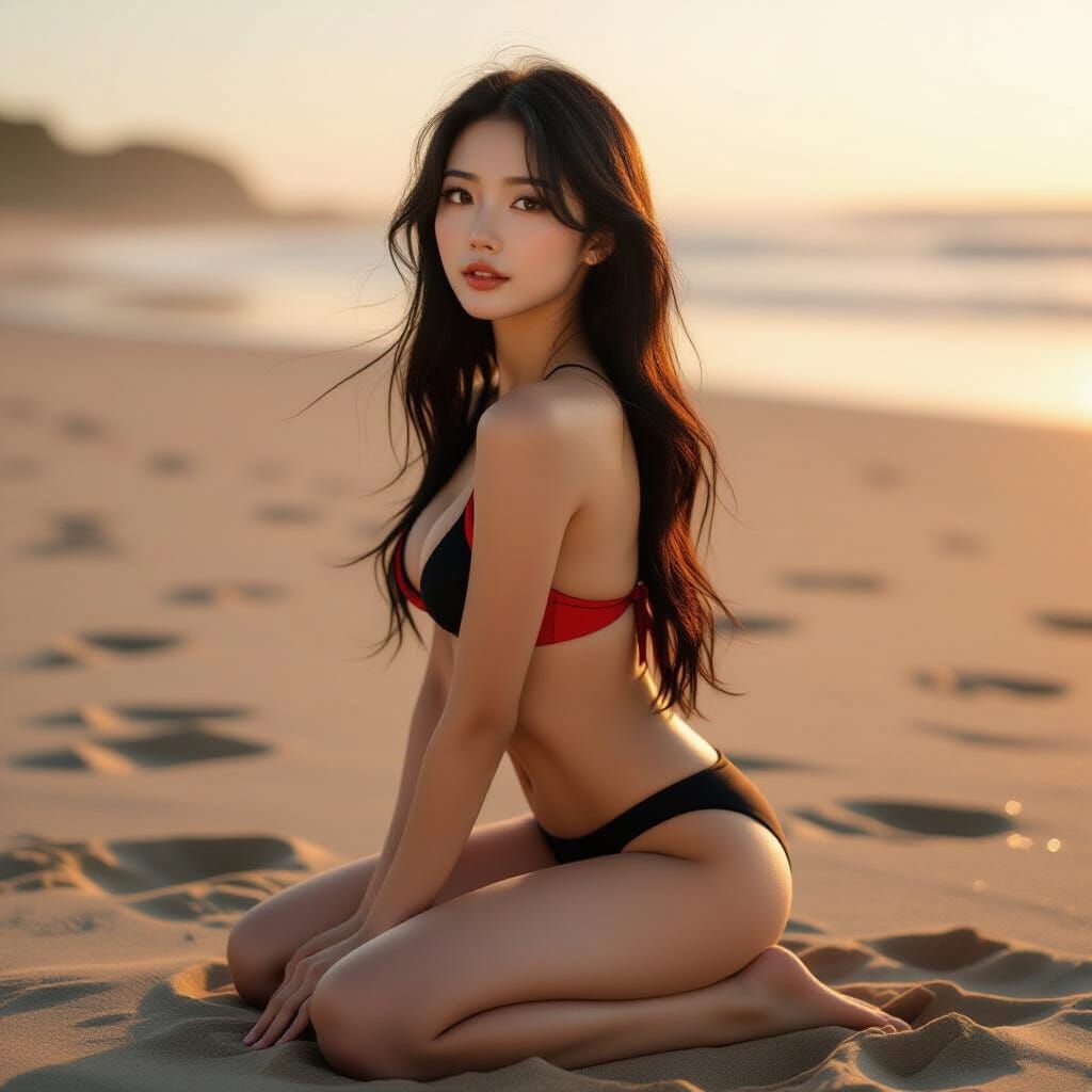 Japanese Woman in Red Bikini on Sandy Beach