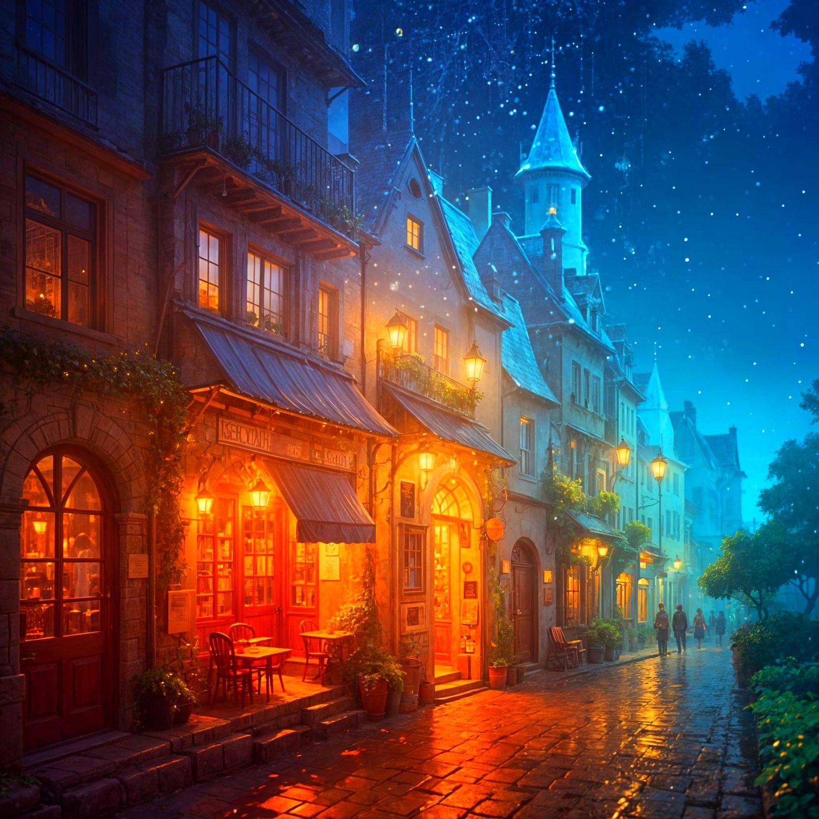 Cozy Bookstore on Cobblestone Street: Ghibli Style