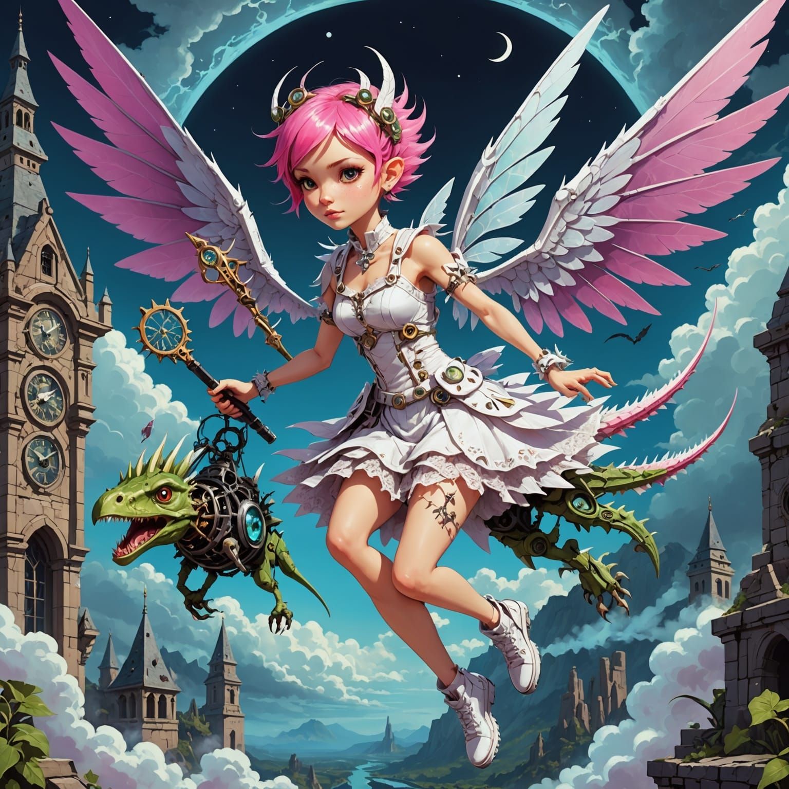 Gothic Fairy Rides Clockwork Pterodactyl in Art Nouveau Styl...