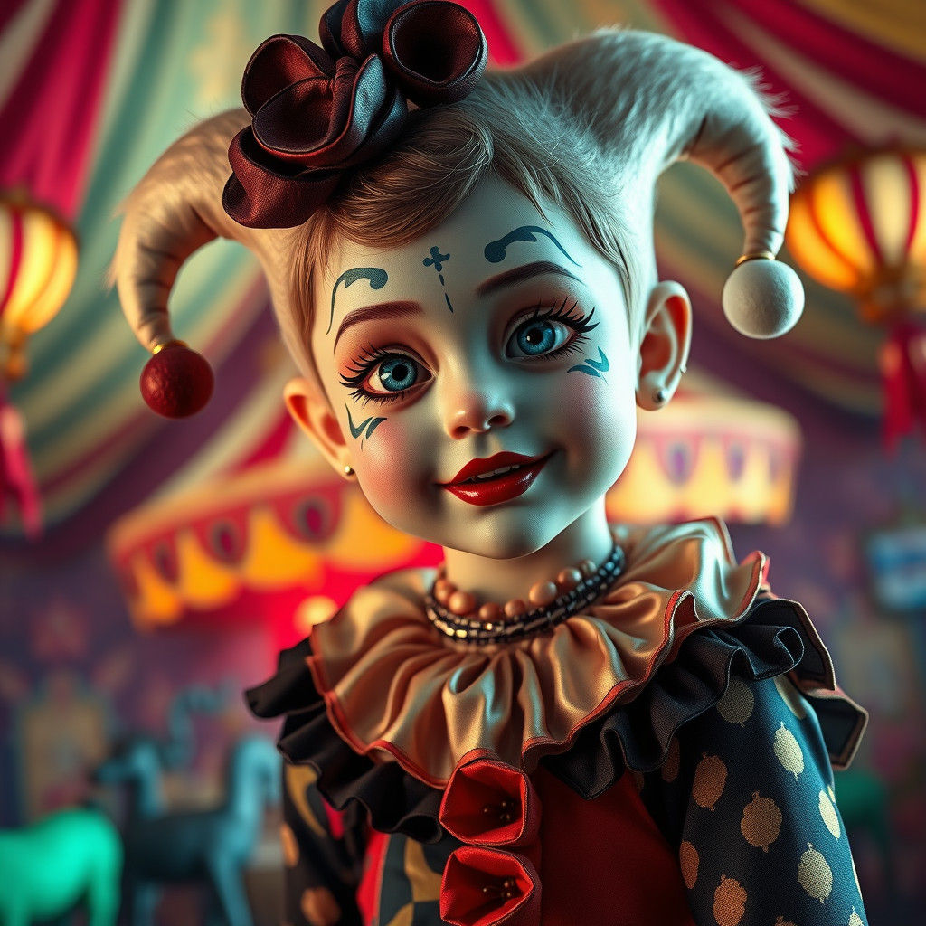 Adorable Harlequin Child in Mystical Circus Setting