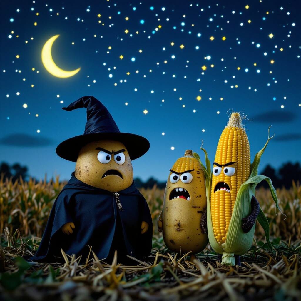 Grumpy Potato Wizard on Farm at Night