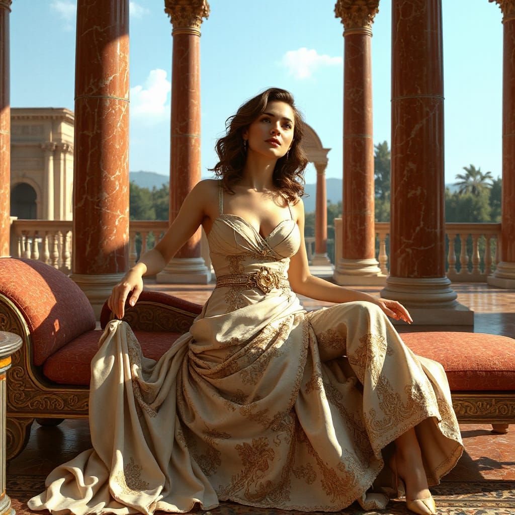 Regal Roman Goddess in Haute Couture Splendor
