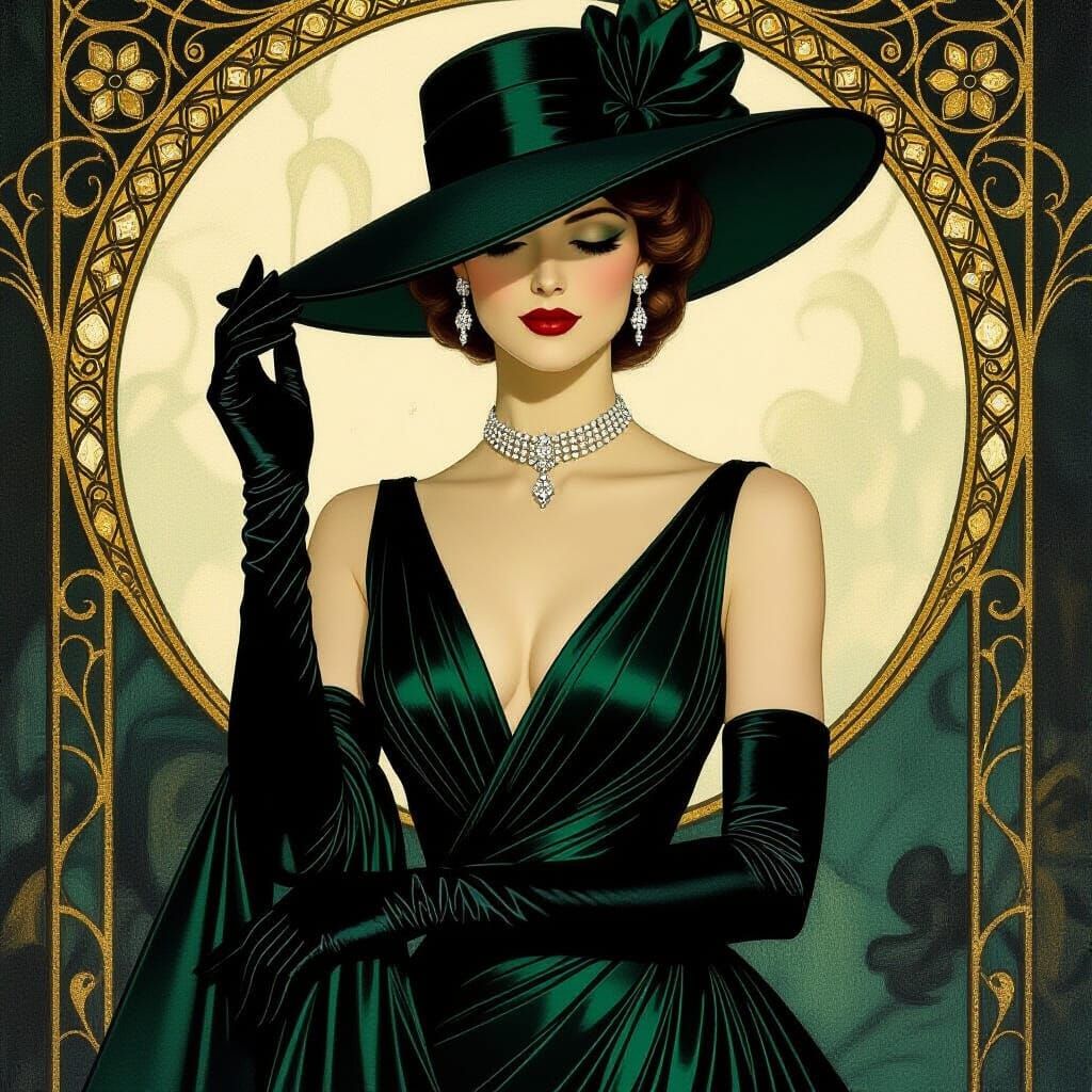 Mysterious Woman in Emerald Dress and Hat