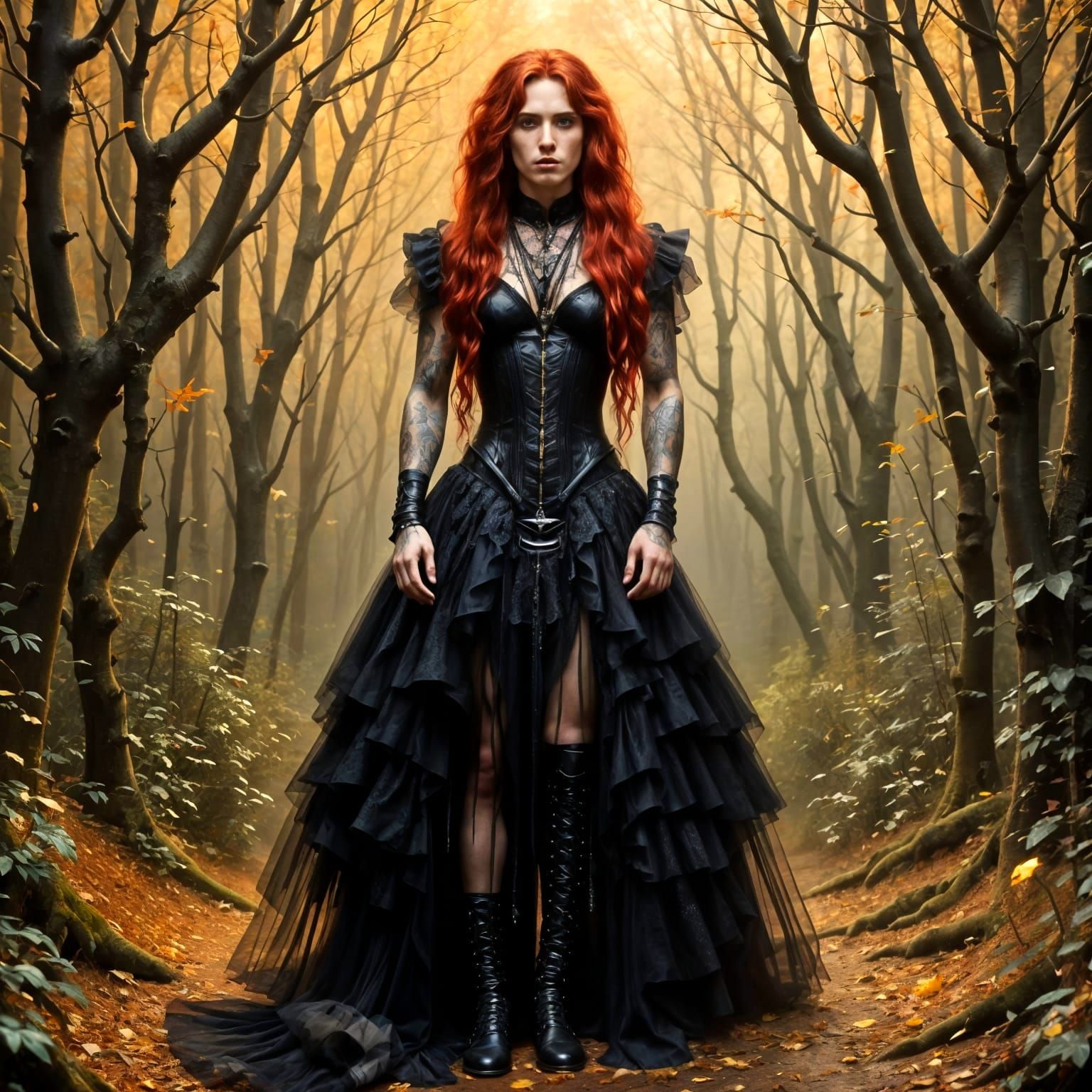 Goth Man in Leather Dress in Autumn Forest