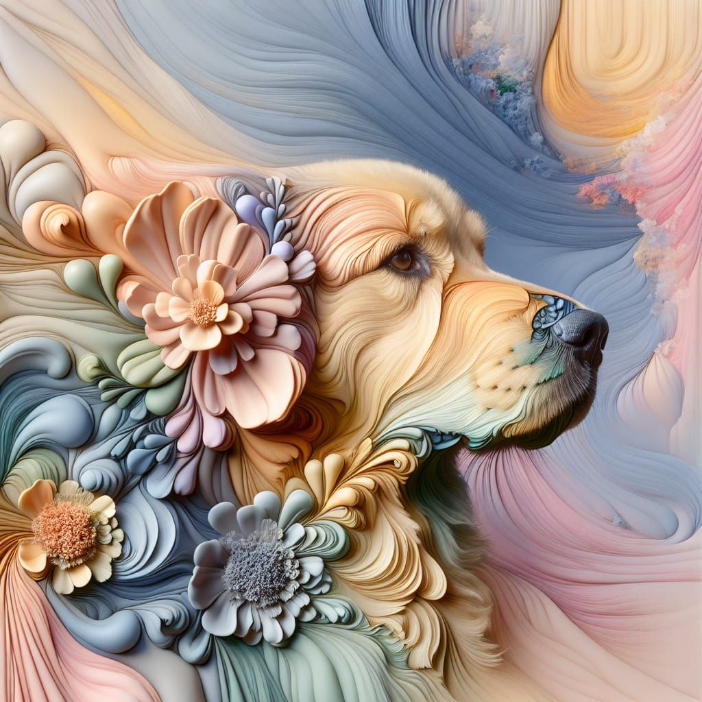Surreal Floral Golden Retriever in Pastel Gouache