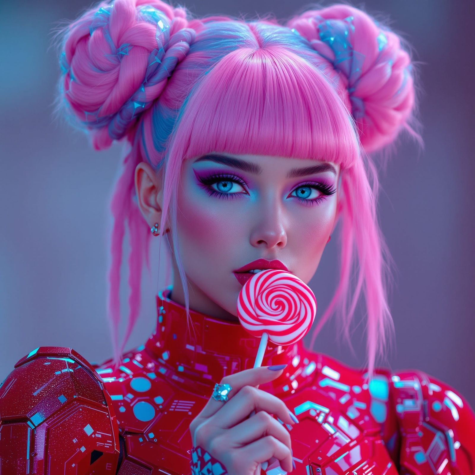 Cyberpunk Kawaii Woman with Hot Pink Hair and Lollipop
