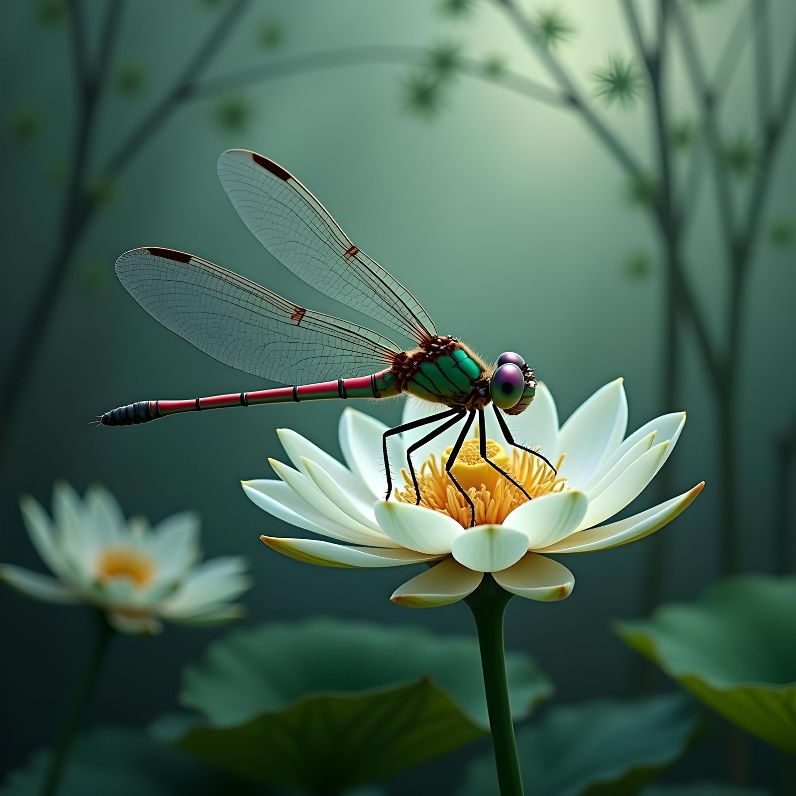 Intricate Dragonfly on Lily Pad in Swamp