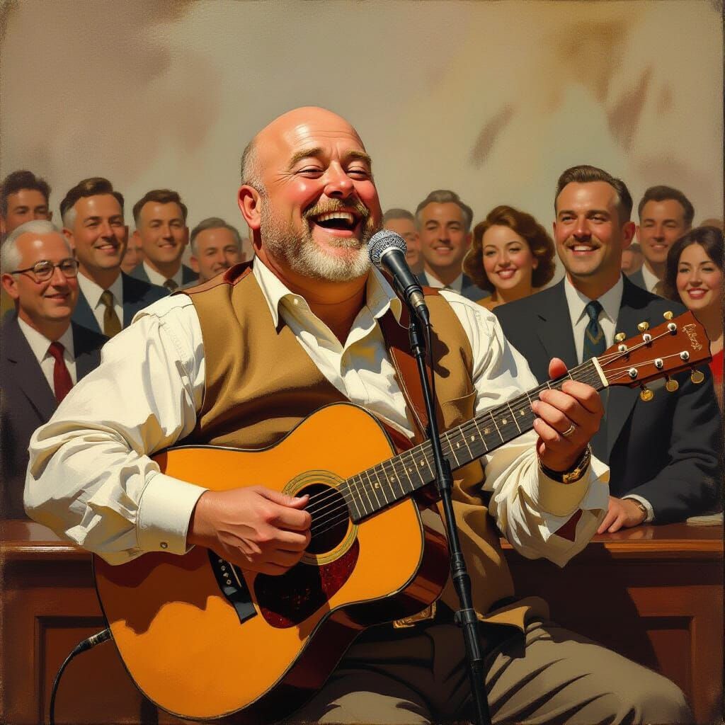 Retro Impressionistic Painting of Singer Performing for Cong...