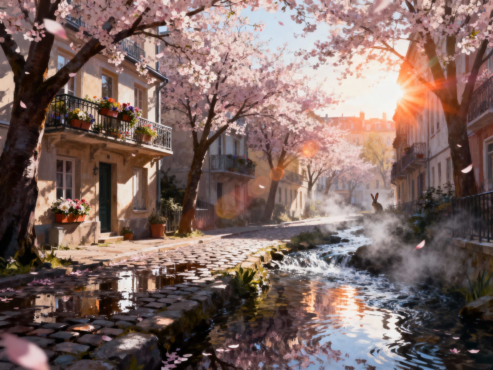 Cinematic Springtime City Scene with Blooming Trees