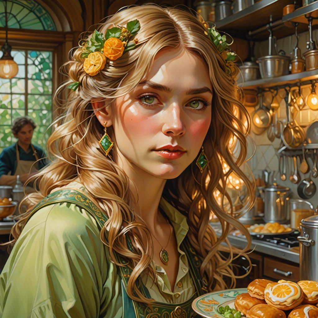 Girl Cooking Sweets, Art Nouveau Oil Painting