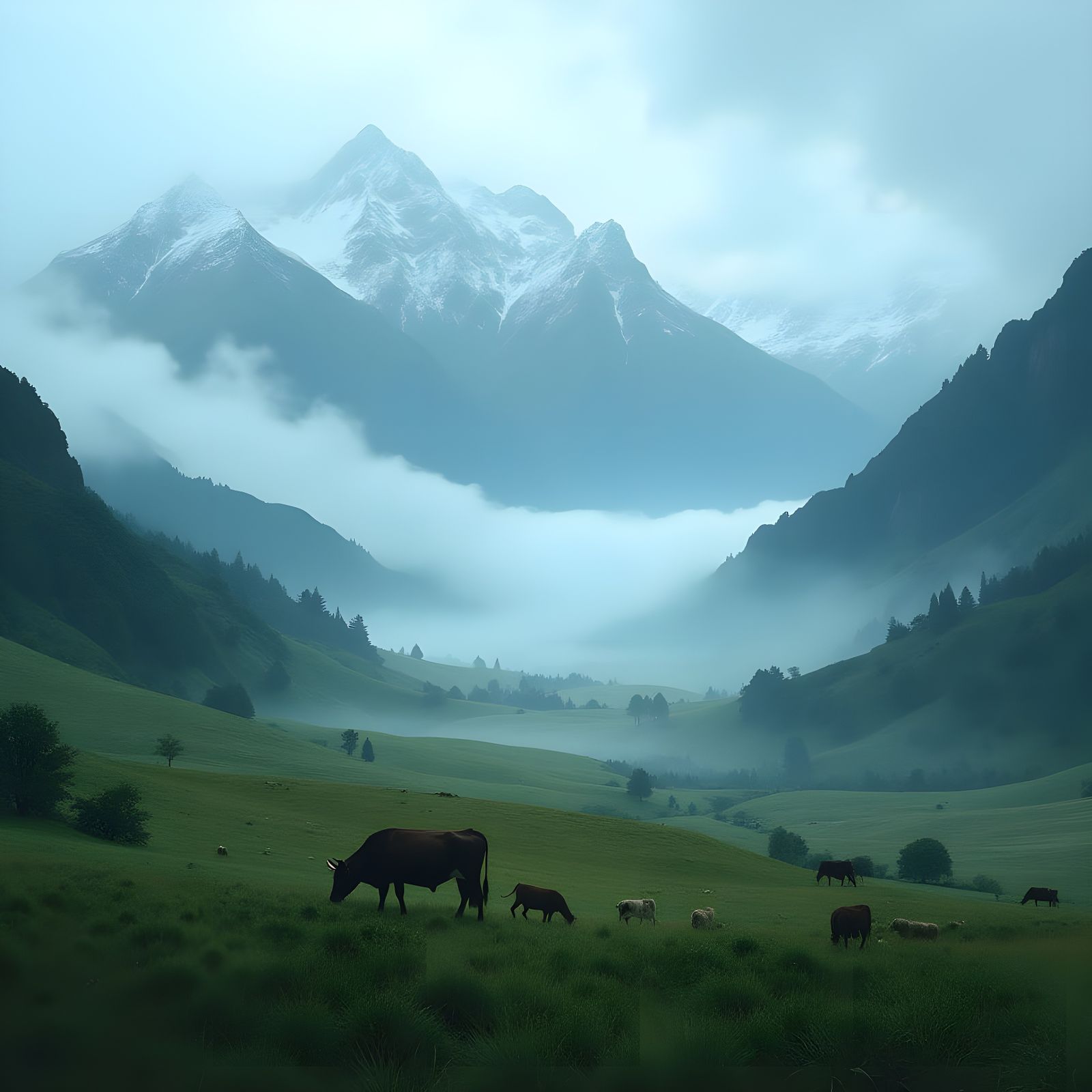 Misty New Zealand Countryside: Cows Grazing in Green Hills