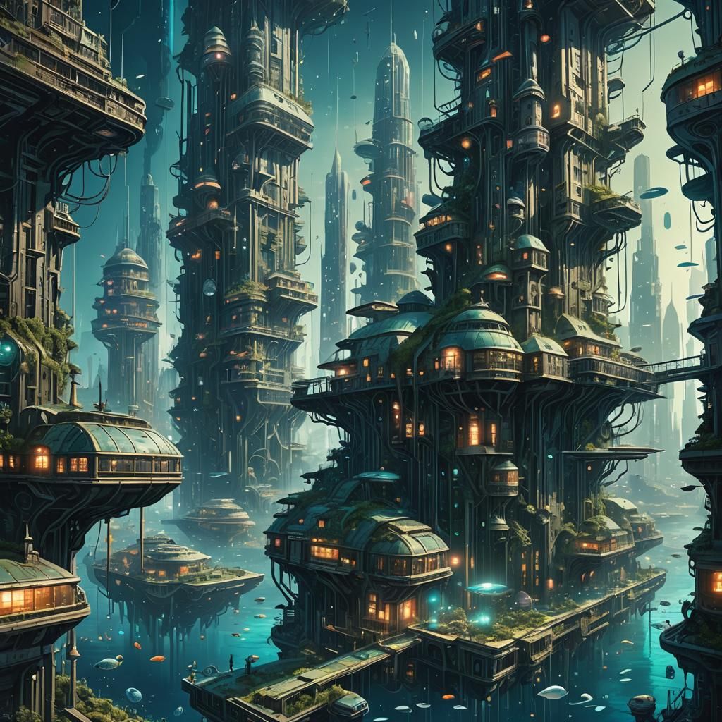 Bioluminescent Underwater Metropolis Illustration
