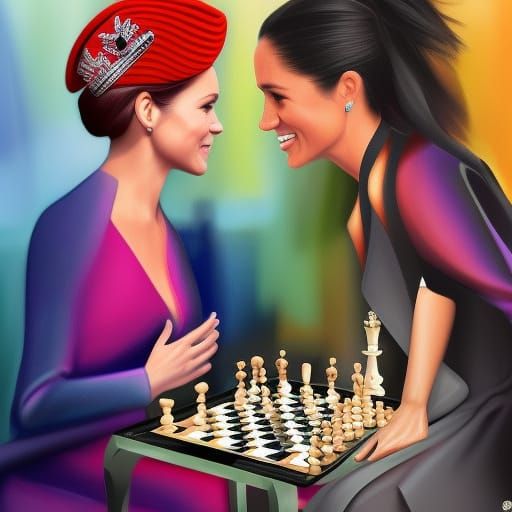 Meghan and Catherine Play Chess: Detailed Digital Art